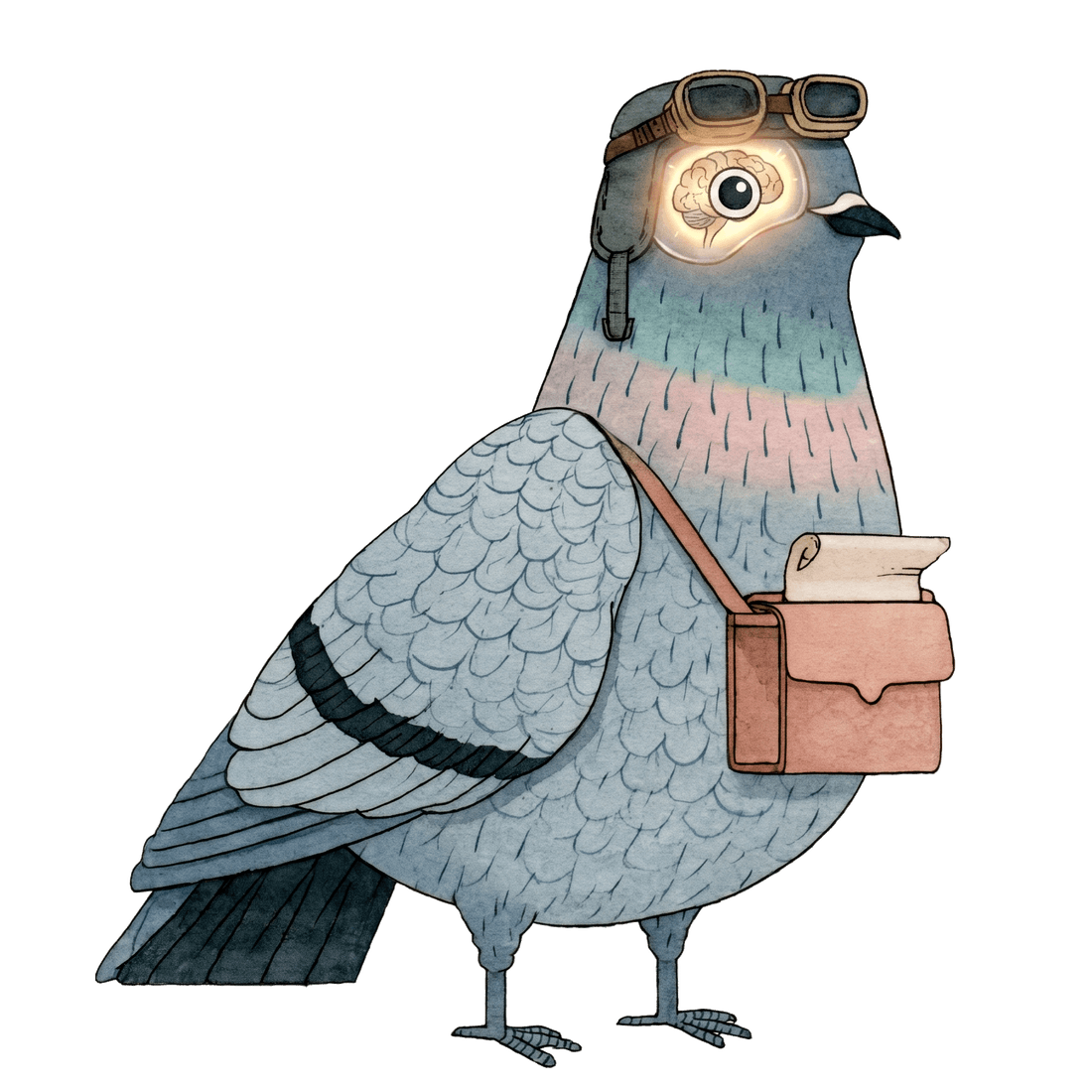 Scout the pigeon with its brain-eye glowing