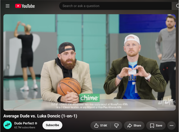 Dude Perfect video with an integrated Chime sponsorship