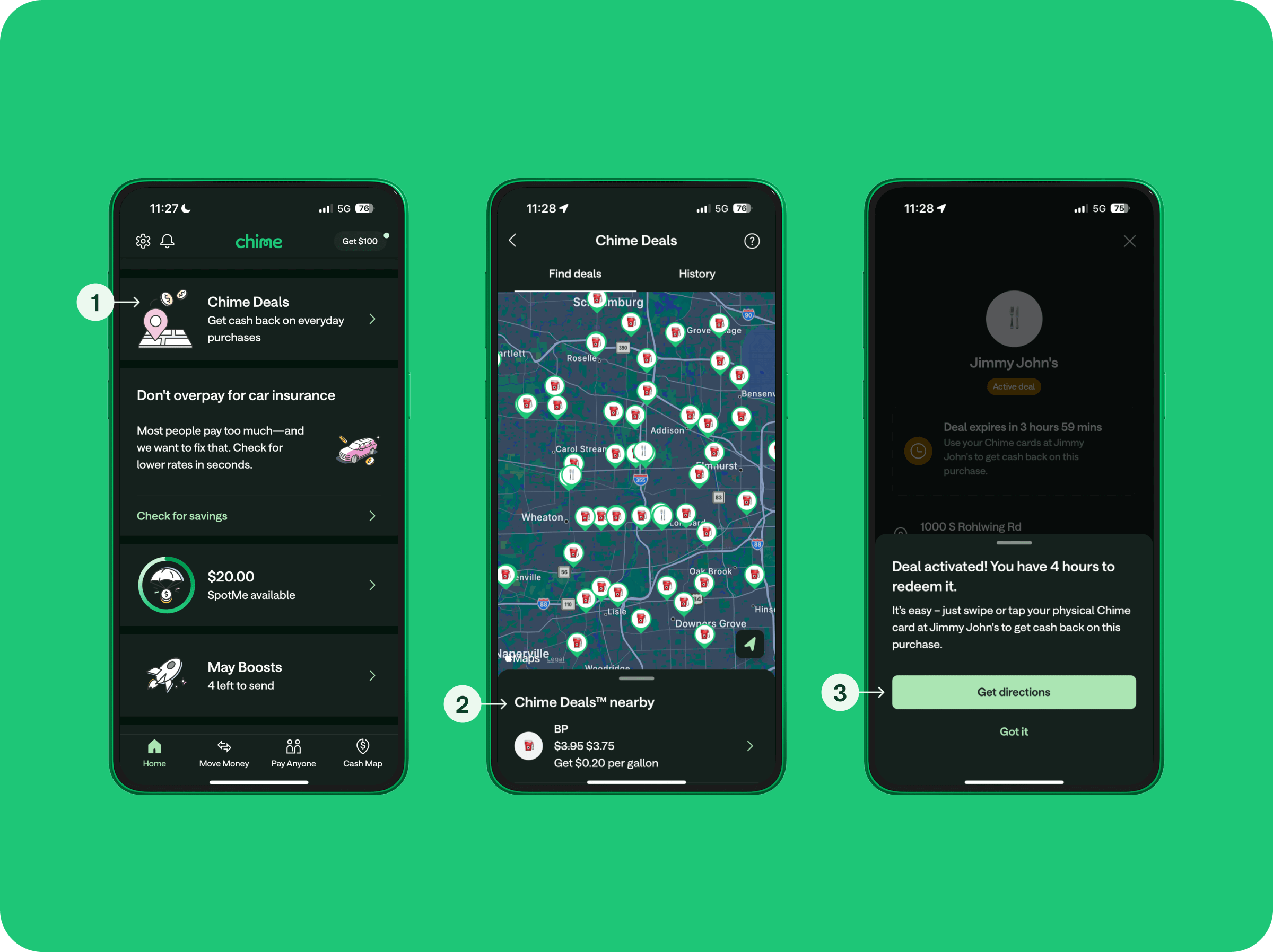 Chime Deals in the app: home tile, nearby-deals map, and one-tap activation for cash back at Jimmy John's