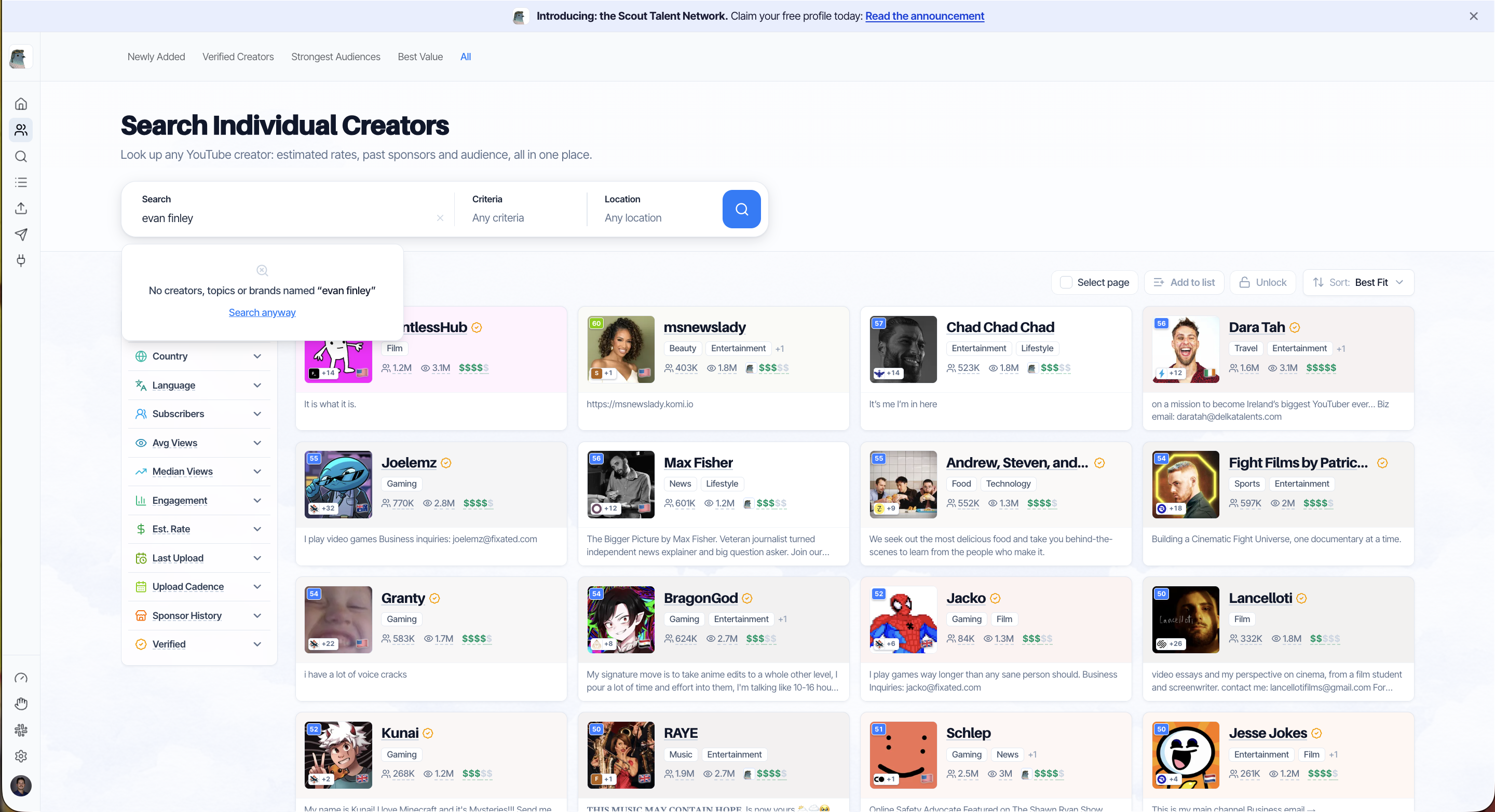 Search Individual Creators page with search box and filter rail
