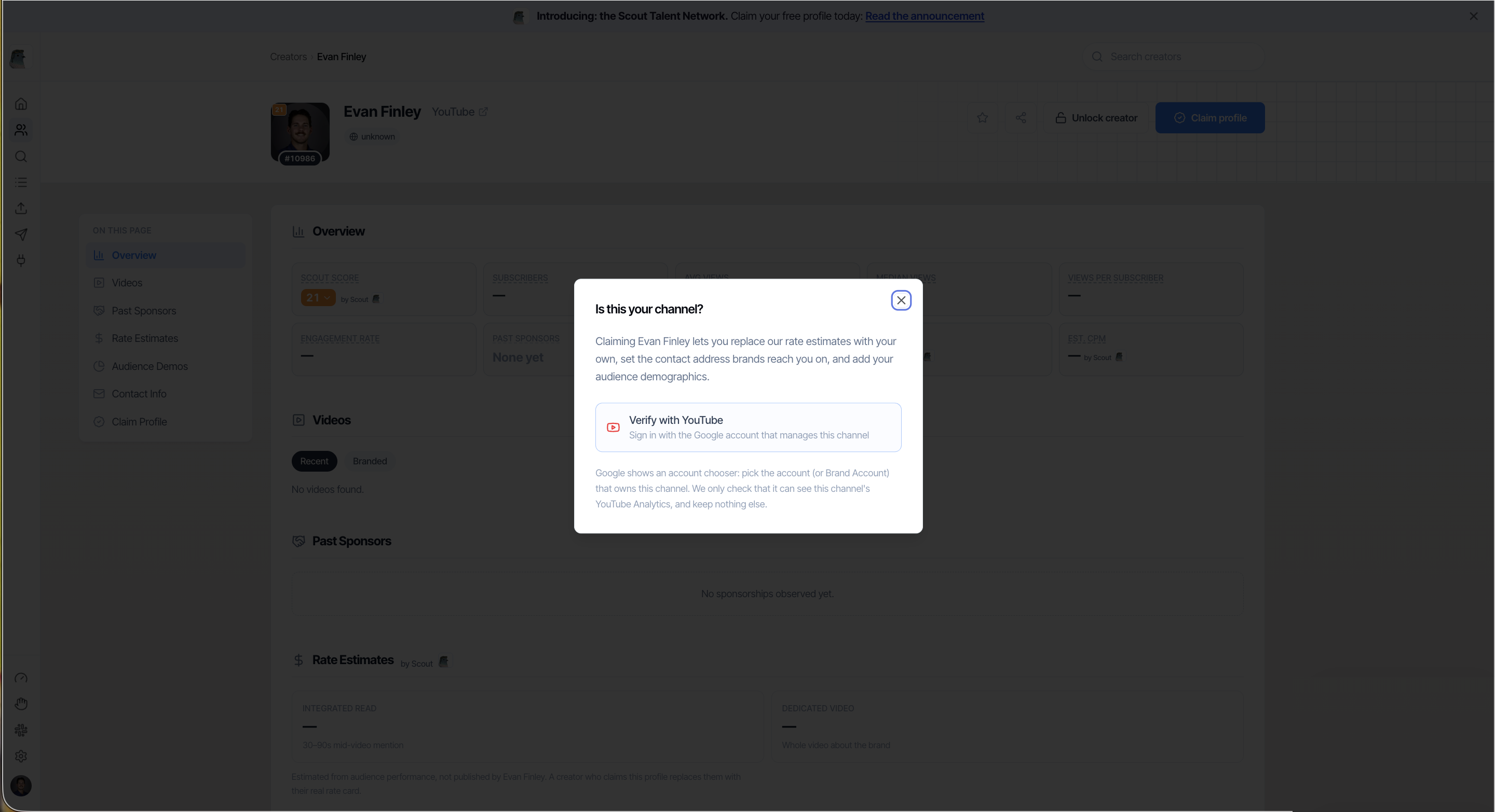 Verify with YouTube modal, Is this your channel