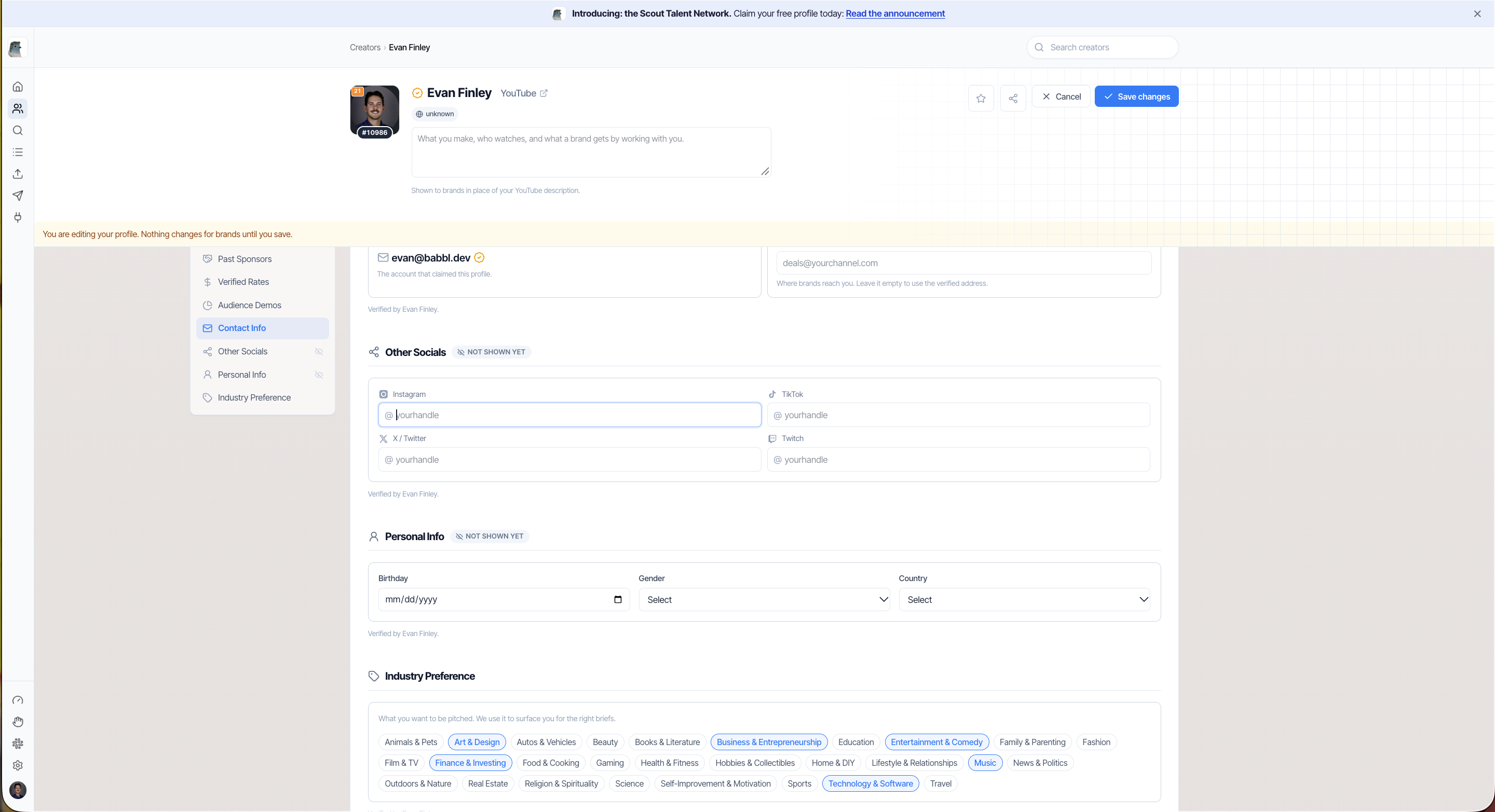 Edit profile view: description, verified and business emails, socials, personal info, industry preference