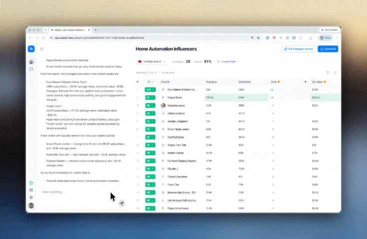 Scout looking up verified creator emails right in the results table.