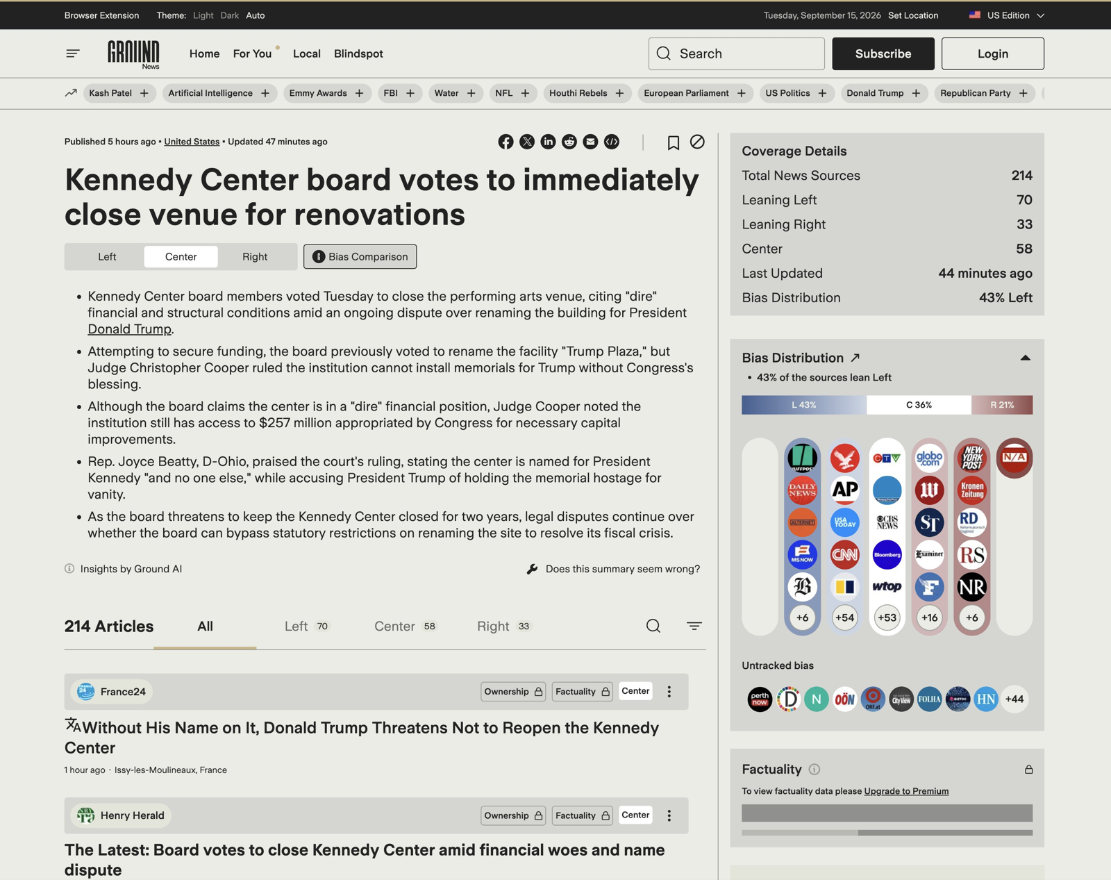 The Ground News product: one story, with coverage broken down by left, center, and right