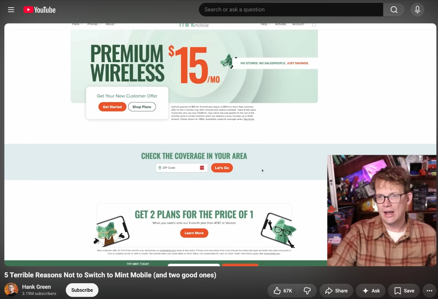 Hank Green's dedicated Mint Mobile video, screen-sharing mintmobile.com with "PREMIUM WIRELESS $15/MO" on his 3.19M-subscriber channel