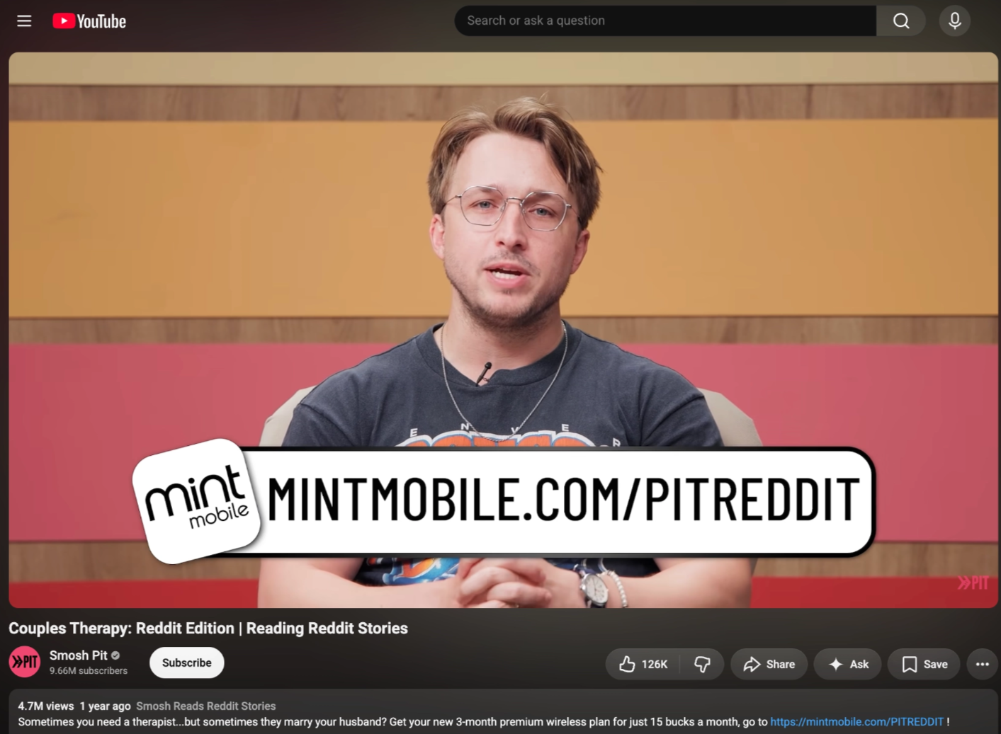 Smosh Pit running a full-width MINTMOBILE.COM/PITREDDIT sponsor bar on a 4.7M-view upload