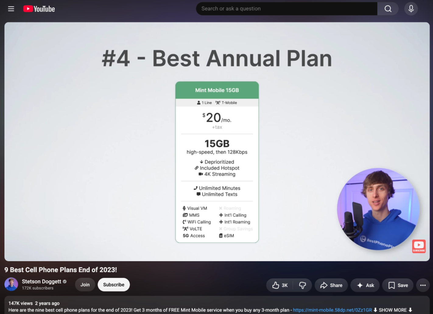 The one Mint read Stetson Doggett was paid for: 15GB plan at $20/mo card under "#4 - Best Annual Plan"