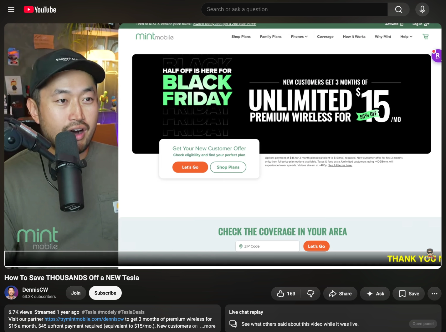 DennisCW screen-sharing mintmobile.com Black Friday page, Mint watermark on his camera feed, description line "Visit our partner https://trymintmobile.com/denniscw"