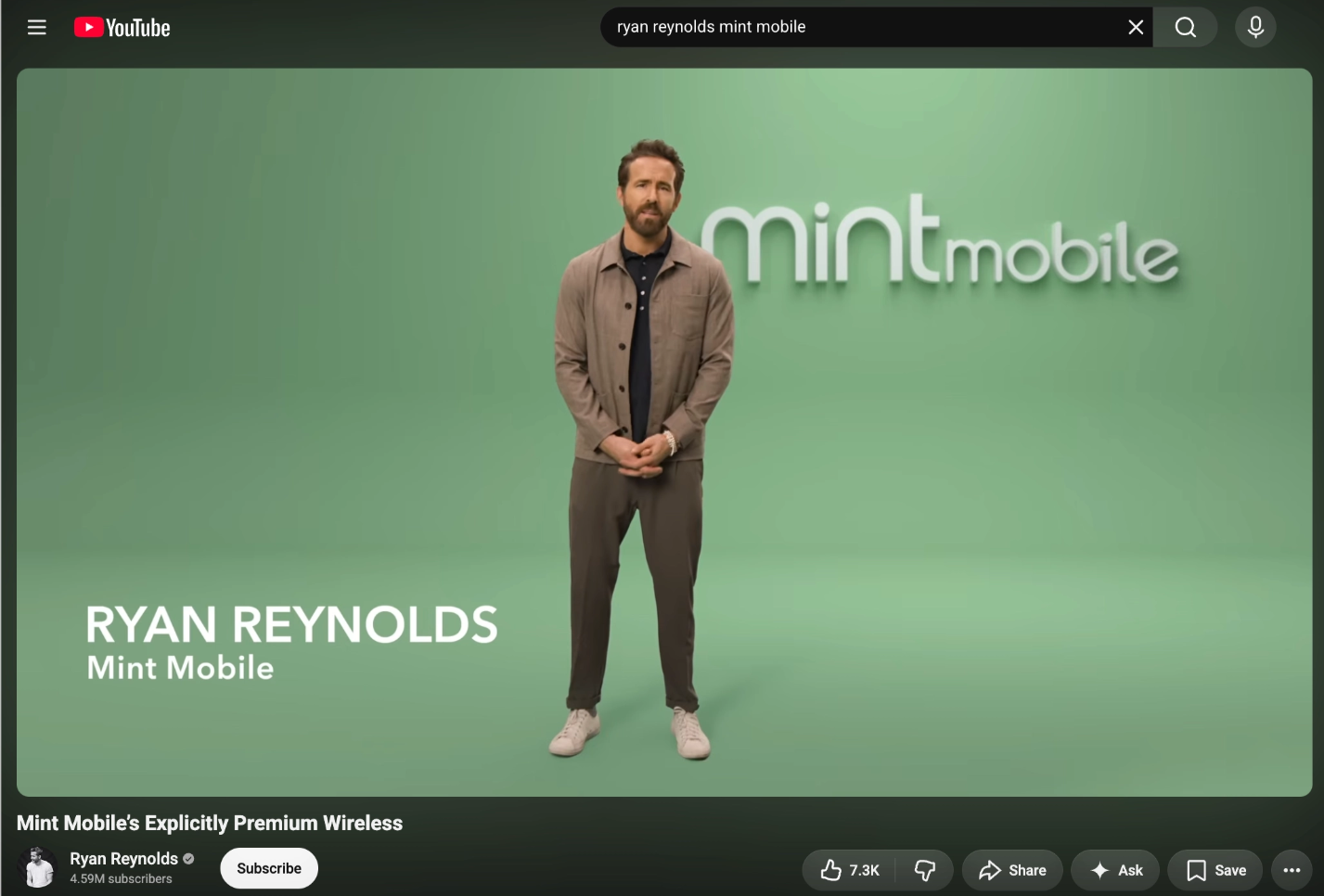 Ryan Reynolds beside the Mint Mobile wordmark in "Mint Mobile's Explicitly Premium Wireless" on his own channel