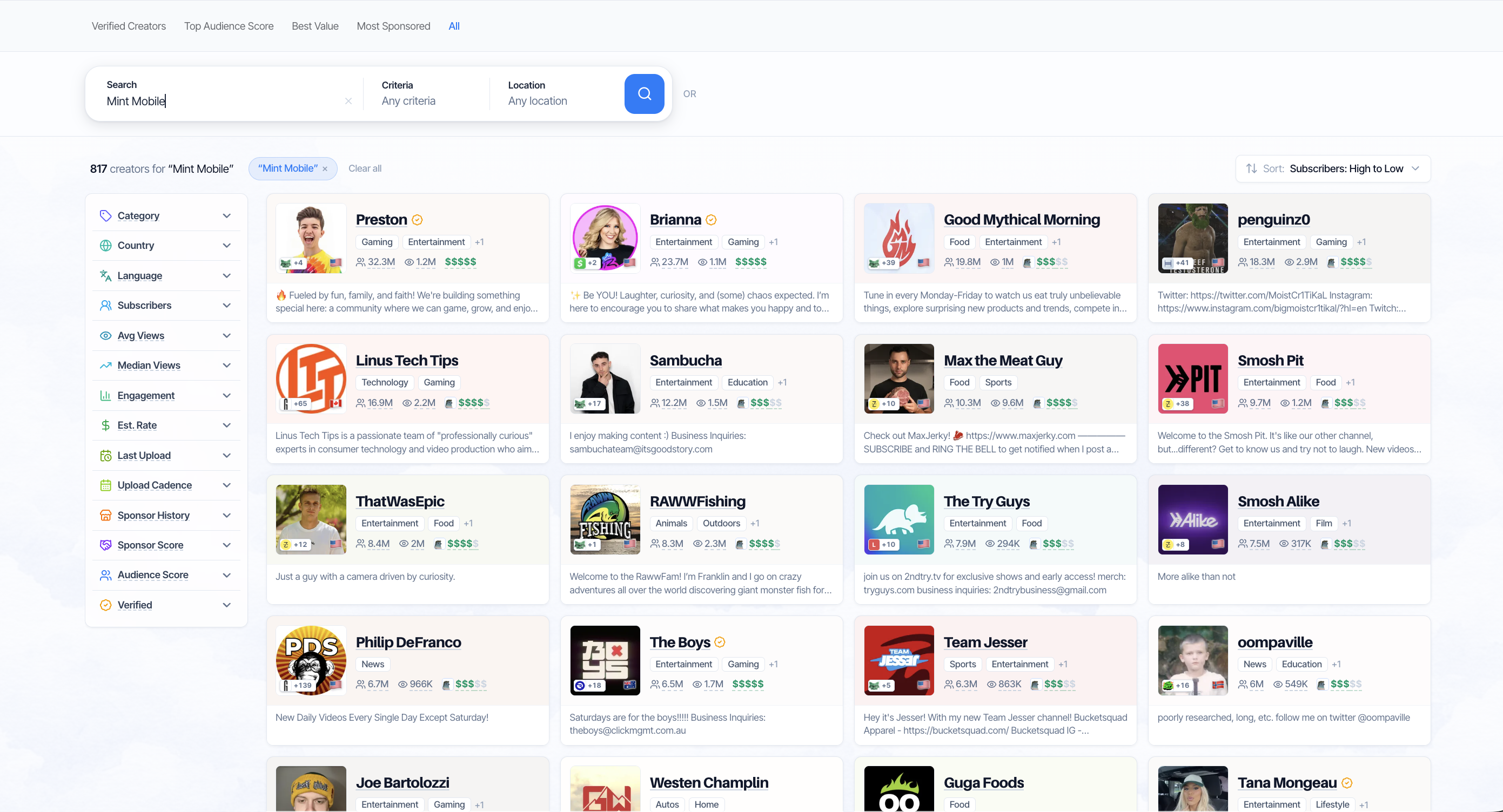 Scout results for a Mint Mobile creator search: Preston, Brianna, Good Mythical Morning, Smosh Pit, RAWWFishing, Sambucha, Westen Champlin