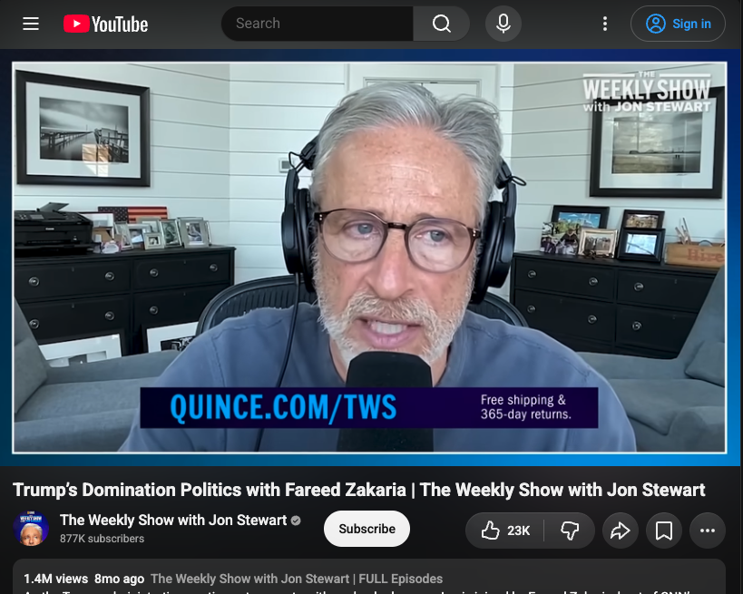 Jon Stewart reading a Quince ad on The Weekly Show, with the vanity URL quince.com/tws on screen