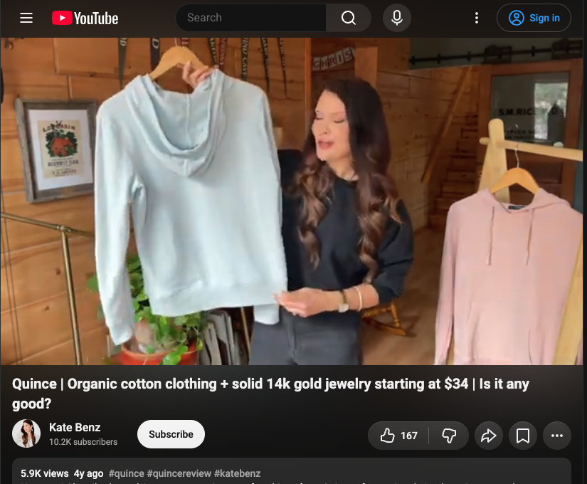 Kate Benz, January 10, 2022: the first Quince YouTube sponsor read we found