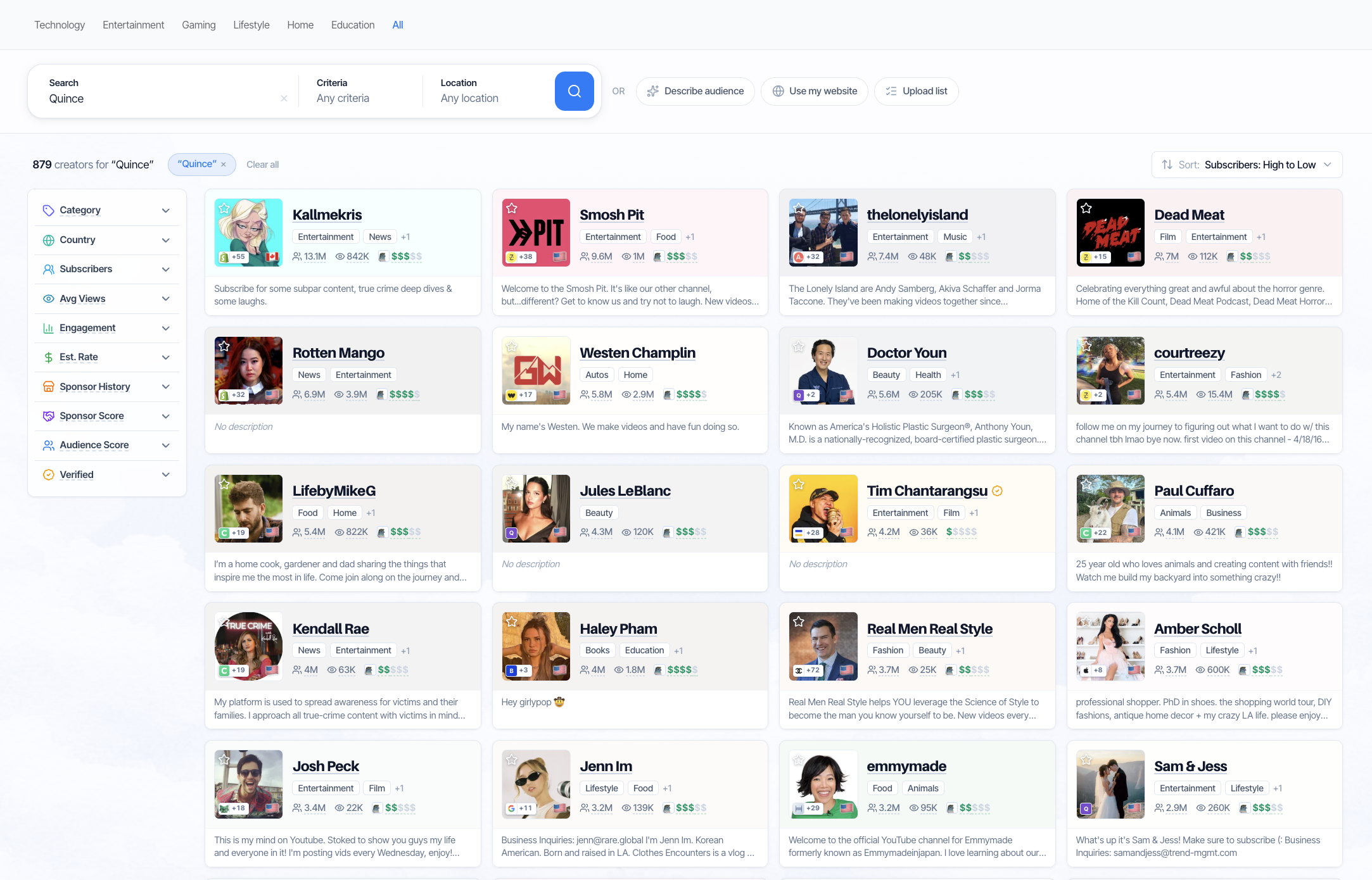 Scout results for a creator search