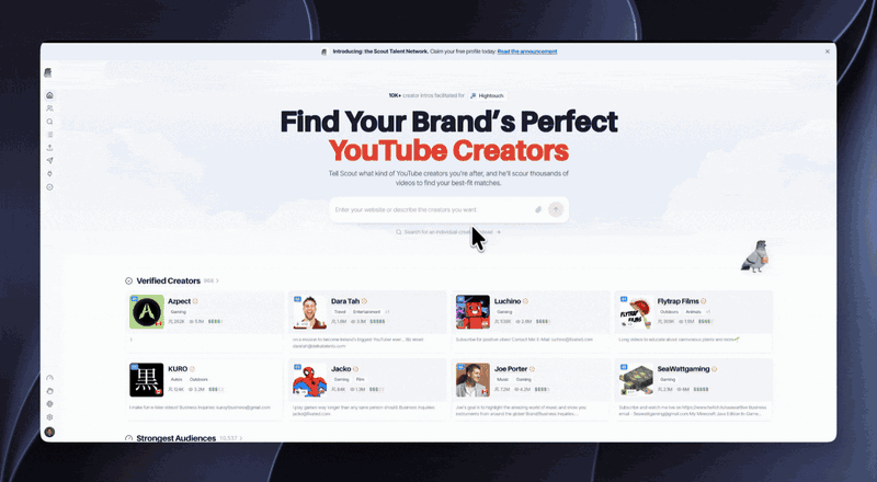 One click to unlock a creator's profile, business email, audience data, and Scout Score.