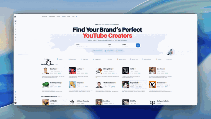 Browse creators by topic, price, views, and audience, no search needed.